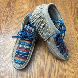 Twisted X Beige Suede Moccasins with Blue, Orange & Red Pattern